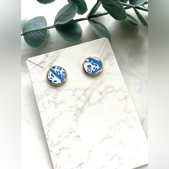 Blue and White Polymer Clay Gold Bezel Stud Earrings handmade - Picture 3 of 4